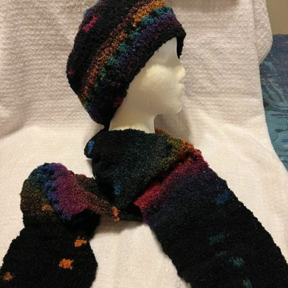 New Hand-Crocheted Black and Multi-Colored Scarf (6"X73")and Hat(22"-27" Circumf